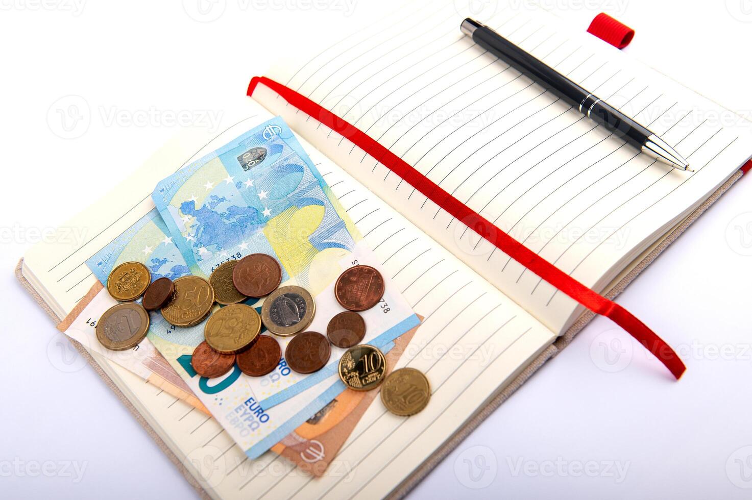 money and pen on an open planner, financial analytics concept, calculating budget, currency balance photo