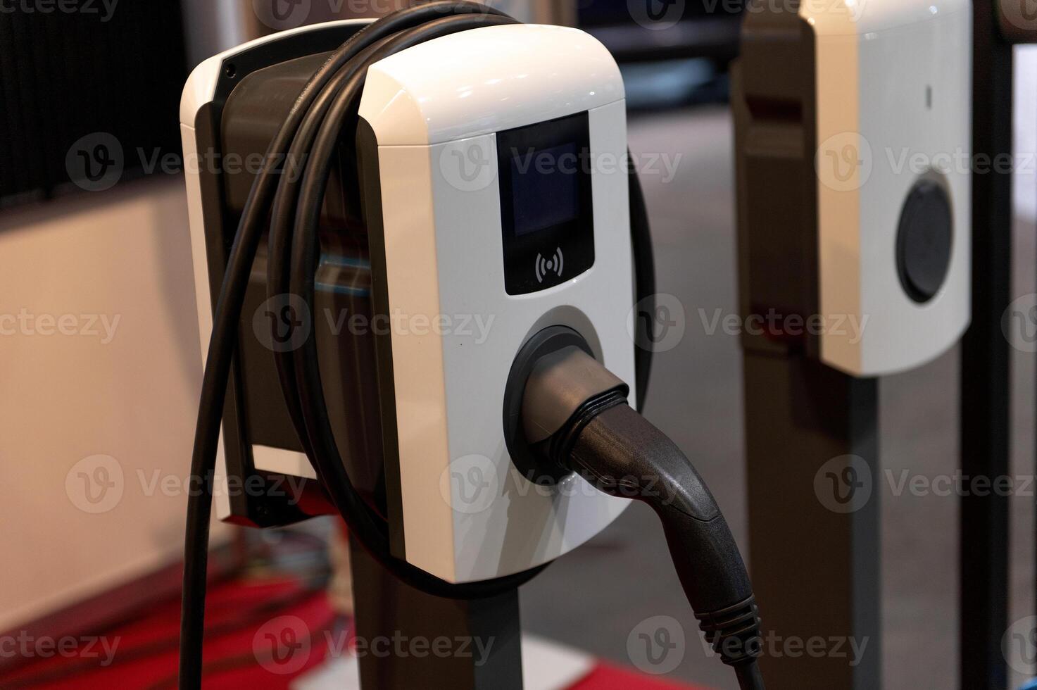 EV charging station for electric car in concept of green energy and eco power produced from sustainable source to supply to charger station in order to reduce CO2 emission photo