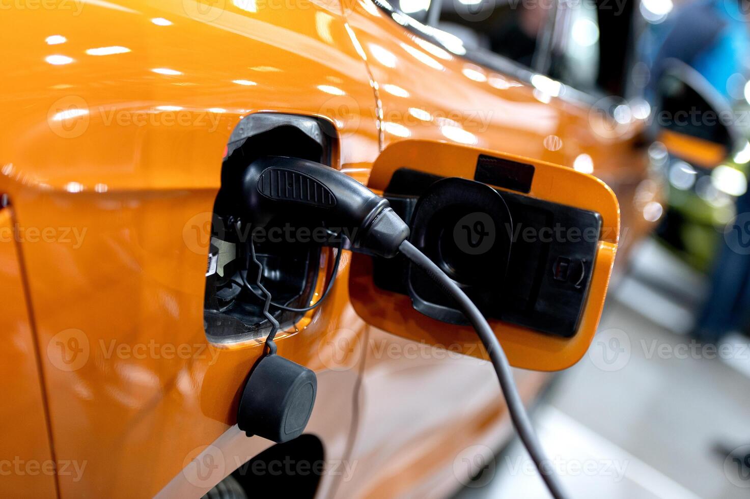 EV charging station for electric car in concept of green energy and eco power produced from sustainable source to supply to charger station in order to reduce CO2 emission photo