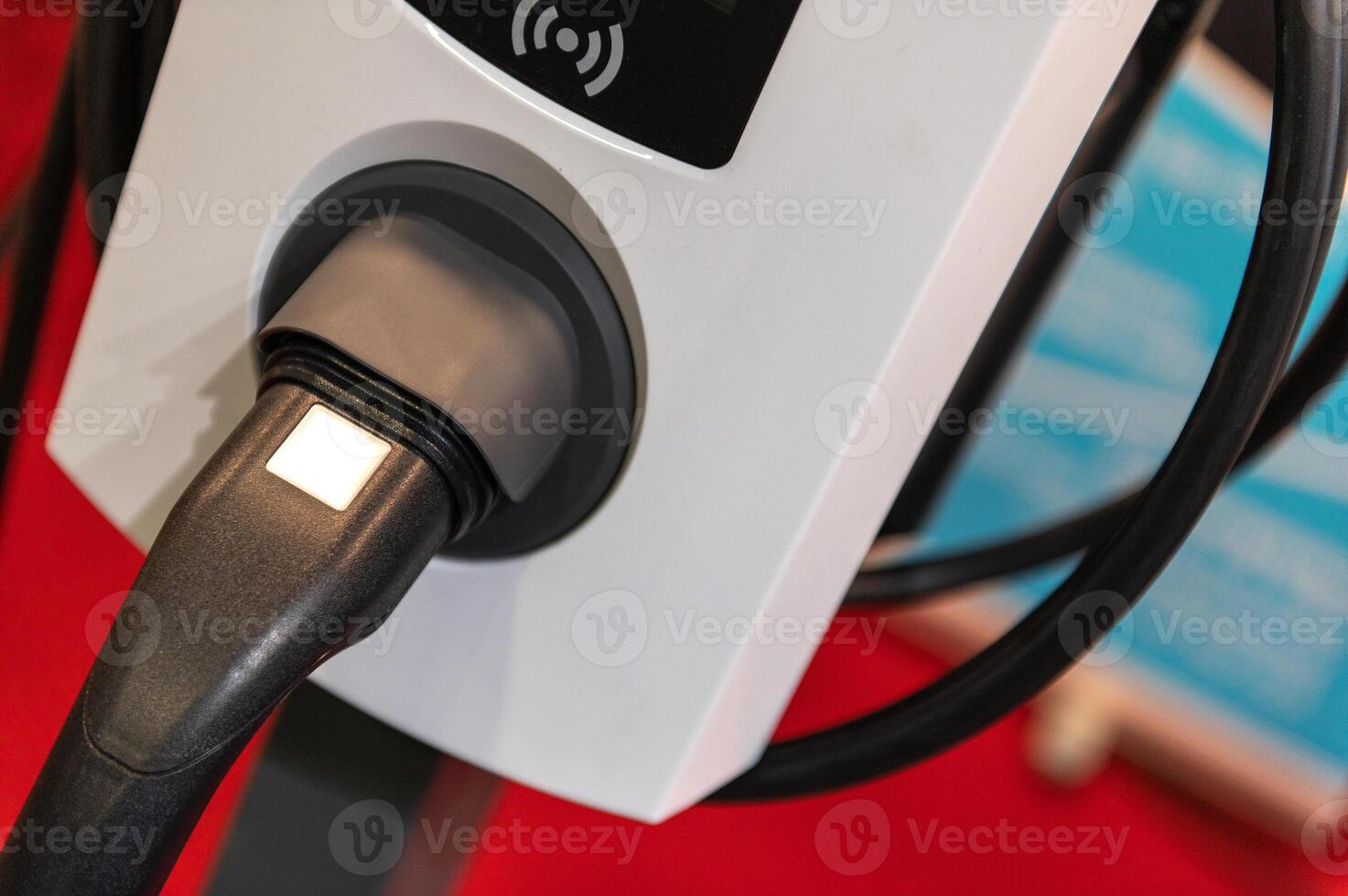 EV charging station for electric car in concept of green energy and eco power produced from sustainable source to supply to charger station in order to reduce CO2 emission photo