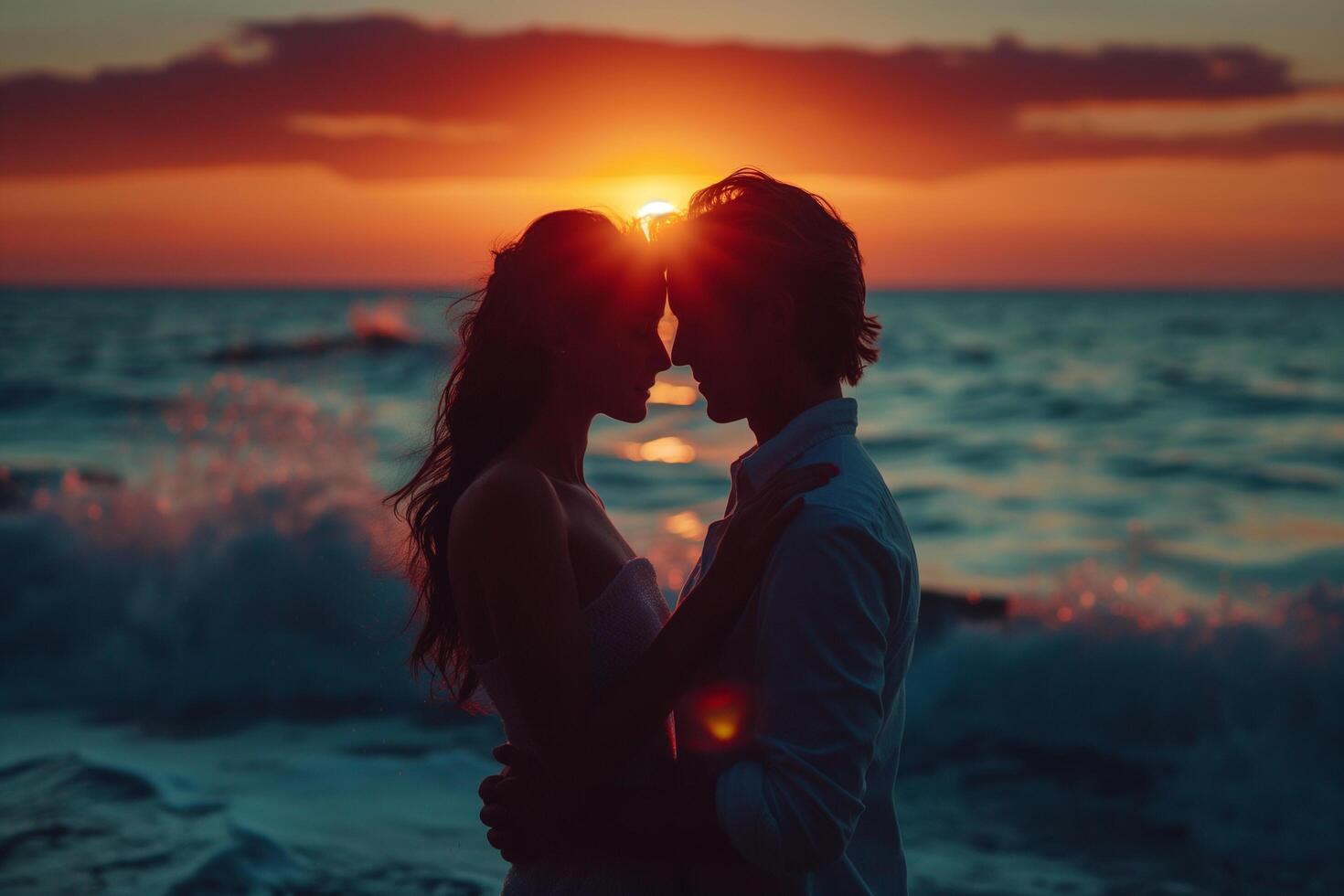 silhouette of a couple in love hugging on the seashore at sunset photo