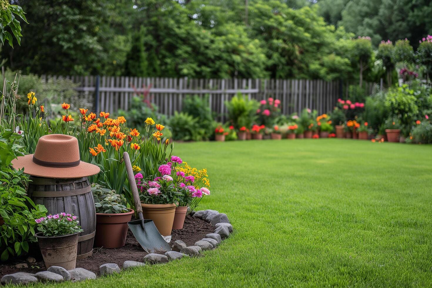 gardening tools on a green lawn with flower beds photo