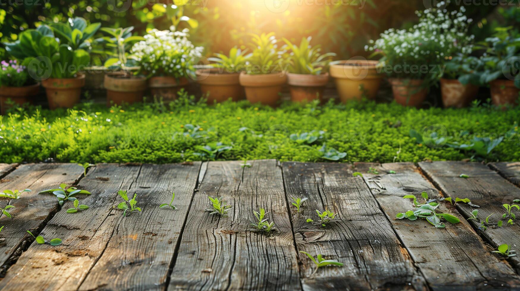 Gardening tools pot with flower outdoors on an old wooden table on a background of a green lawn. photo