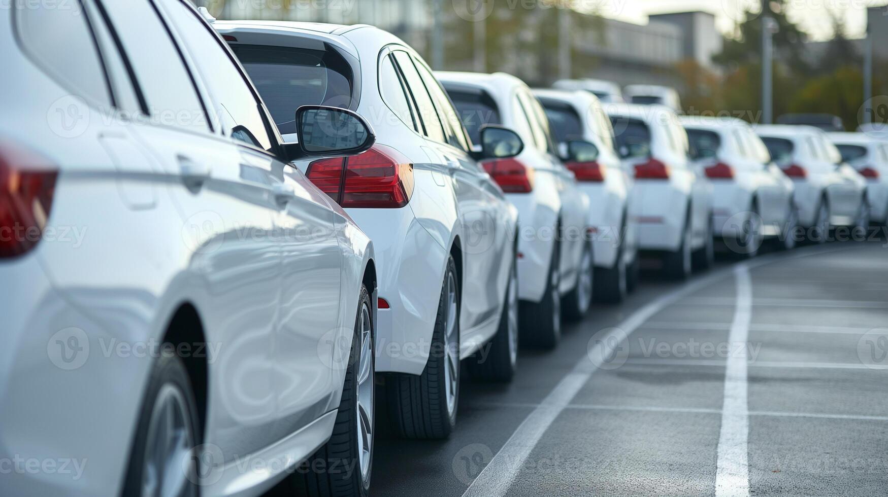 a row of cars parked in an open parking lot. Car showroom and dealer agent concept photo