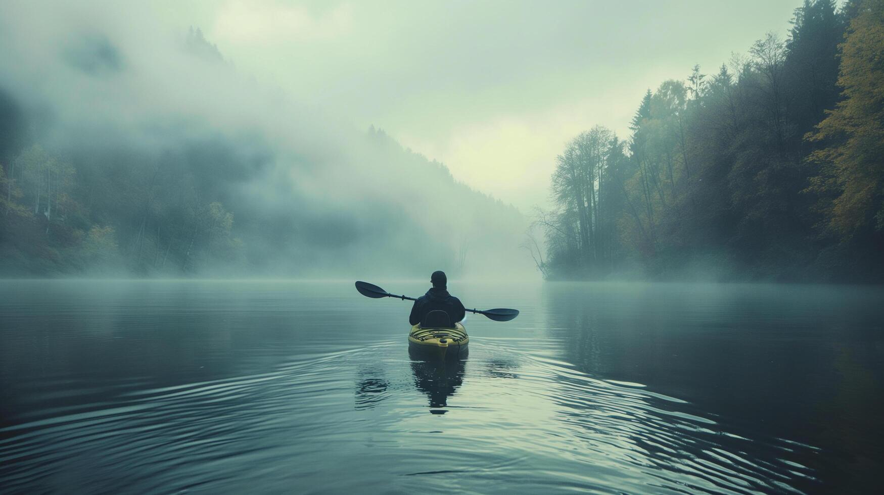 a lonely man rows a kayak along the river on a cloudy day photo