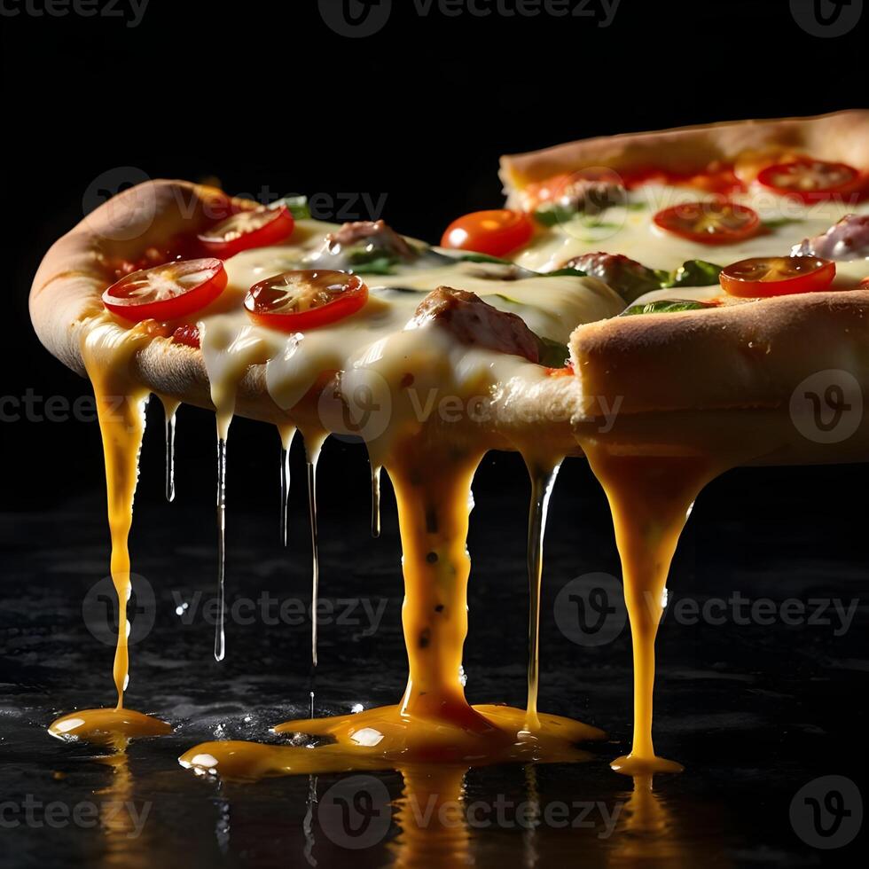 Pizza slices flying, isolated on dark background. Delicious peperoni pizza slices pepperonis and olives, floating pizza pieces with melting cheese with basil leaves flying. Italian style pizza slices photo