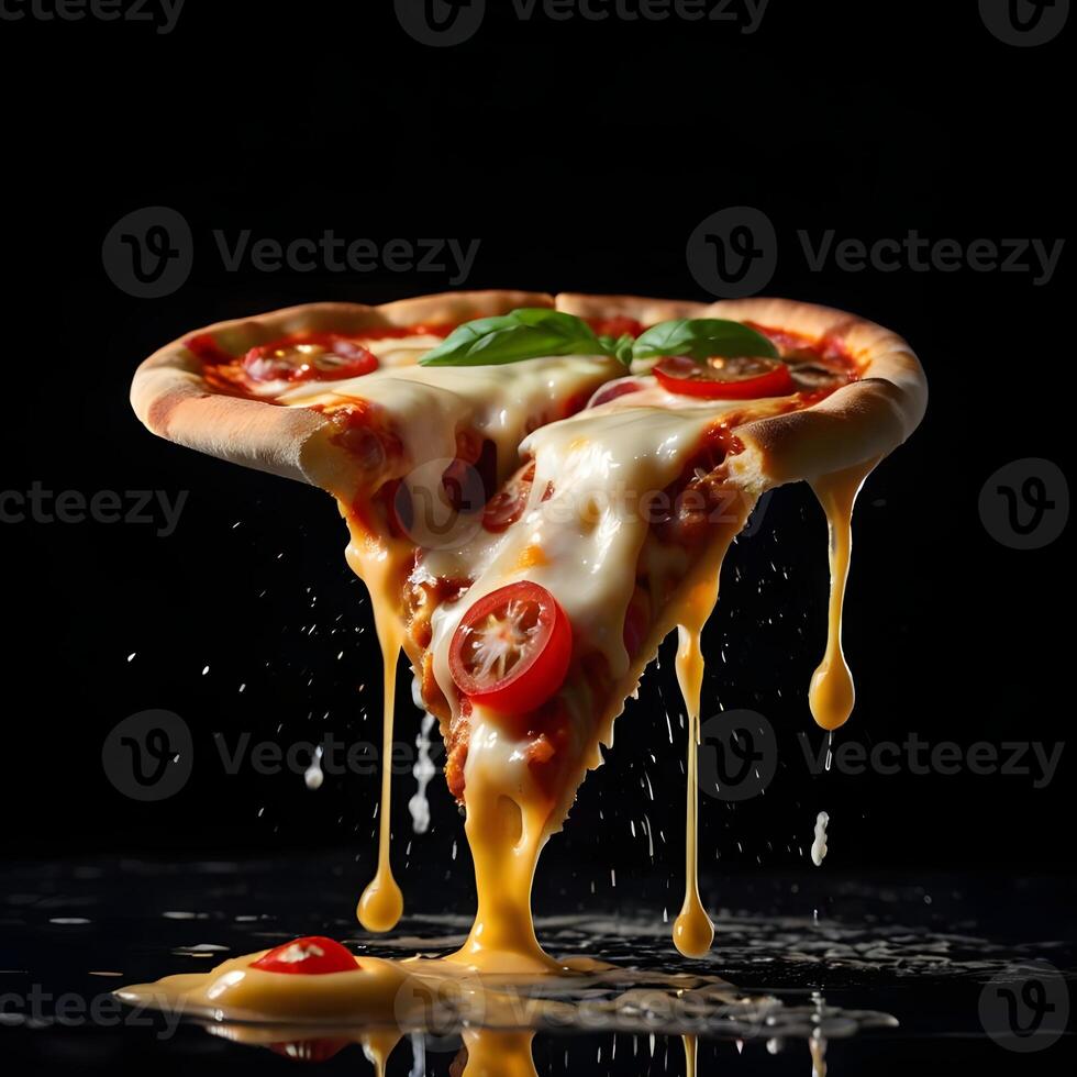Pizza slices flying, isolated on dark background. Delicious peperoni pizza slices pepperonis and olives, floating pizza pieces with melting cheese with basil leaves flying. Italian style pizza slices photo