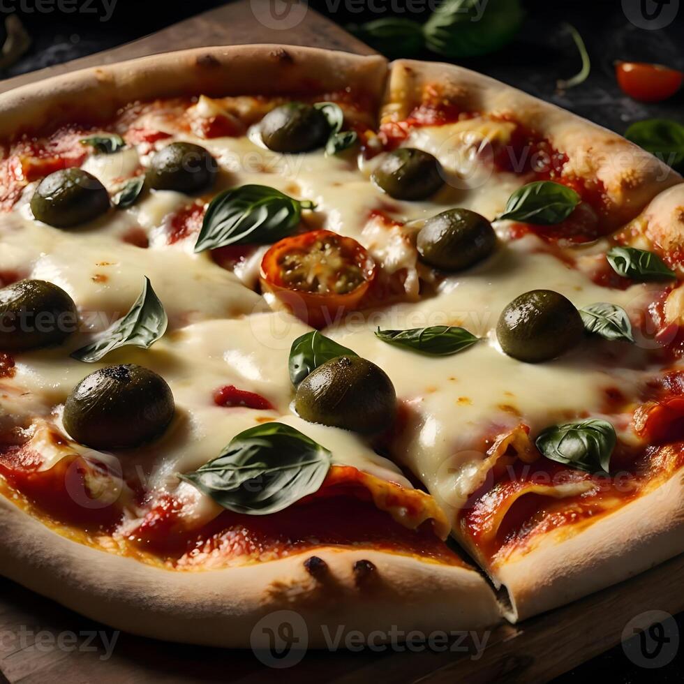 Pizza slices flying, isolated on dark background. Delicious peperoni pizza slices pepperonis and olives, floating pizza pieces with melting cheese with basil leaves flying. Italian style pizza slices photo
