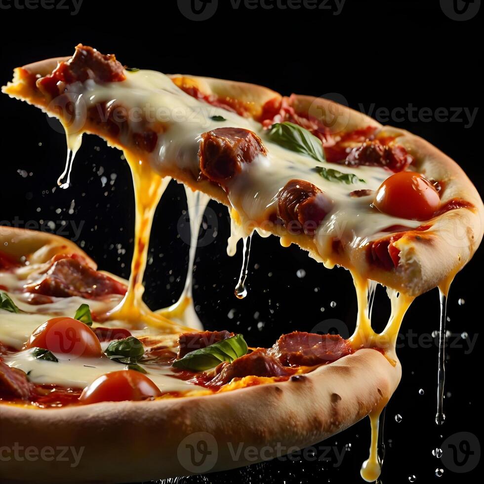 Pizza slices flying, isolated on dark background. Delicious peperoni pizza slices pepperonis and olives, floating pizza pieces with melting cheese with basil leaves flying. Italian style pizza slices photo