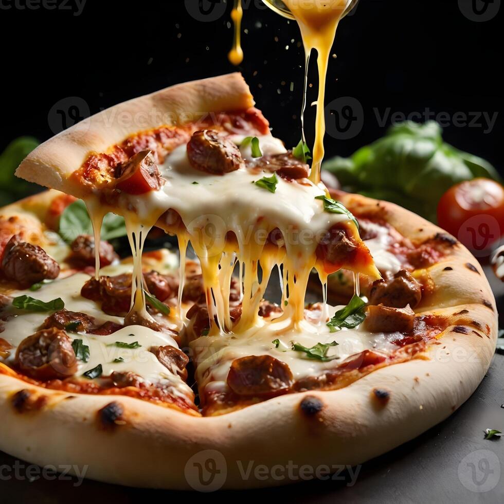Pizza slices flying, isolated on dark background. Delicious peperoni pizza slices pepperonis and olives, floating pizza pieces with melting cheese with basil leaves flying. Italian style pizza slices photo