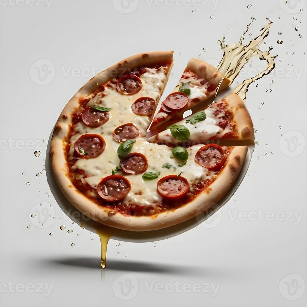 Pizza slices flying, isolated on white background. Delicious peperoni pizza slices pepperonis and olives, floating pizza pieces with melting cheese with basil leaves flying. Italian style pizza slices photo