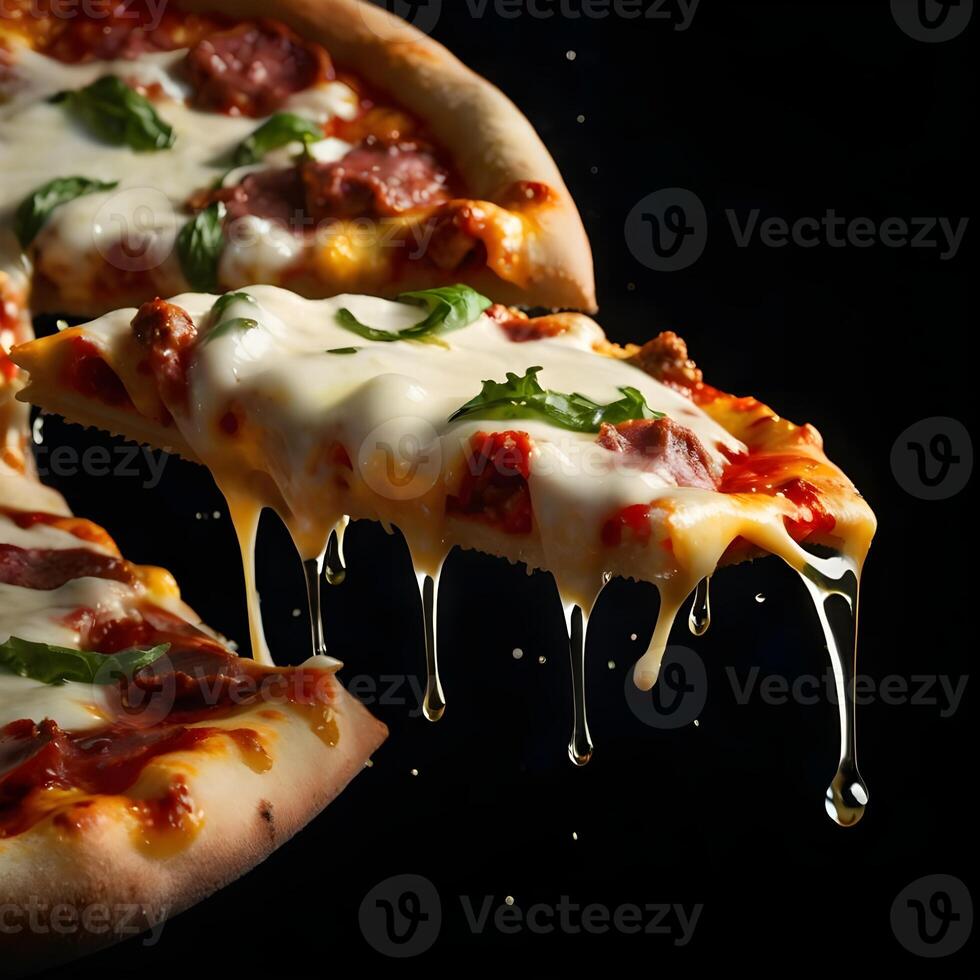 Pizza slices flying, isolated on dark background. Delicious peperoni pizza slices pepperonis and olives, floating pizza pieces with melting cheese with basil leaves flying. Italian style pizza slices photo