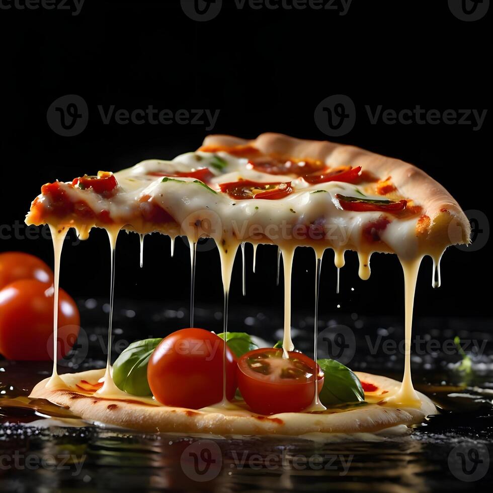 Pizza slices flying, isolated on dark background. Delicious peperoni pizza slices pepperonis and olives, floating pizza pieces with melting cheese with basil leaves flying. Italian style pizza slices photo