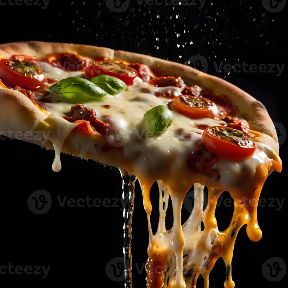 Pizza slices flying, isolated on dark background. Delicious peperoni pizza slices pepperonis and olives, floating pizza pieces with melting cheese with basil leaves flying. Italian style pizza slices photo
