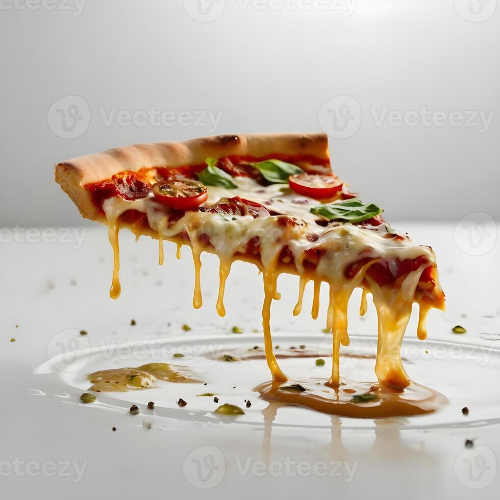 Pizza slices flying, isolated on white background. Delicious peperoni pizza slices pepperonis and olives, floating pizza pieces with melting cheese with basil leaves flying. Italian style pizza slices photo