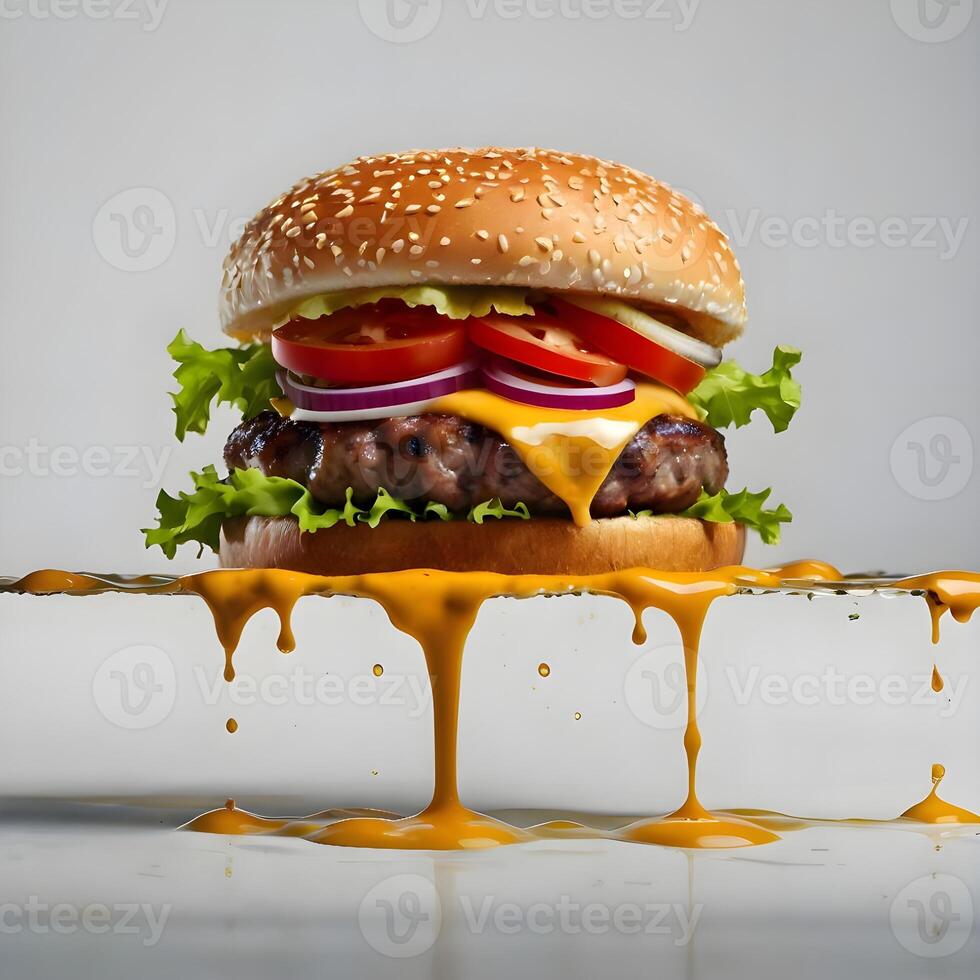 Delicious burger with many ingredients isolated on white background Tasty cheeseburger splash sauce photo