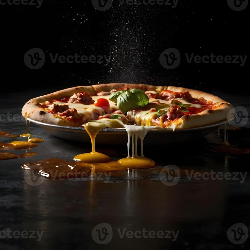 Pizza slices flying, isolated on dark background. Delicious peperoni pizza slices pepperonis and olives, floating pizza pieces with melting cheese with basil leaves flying. Italian style pizza slices photo