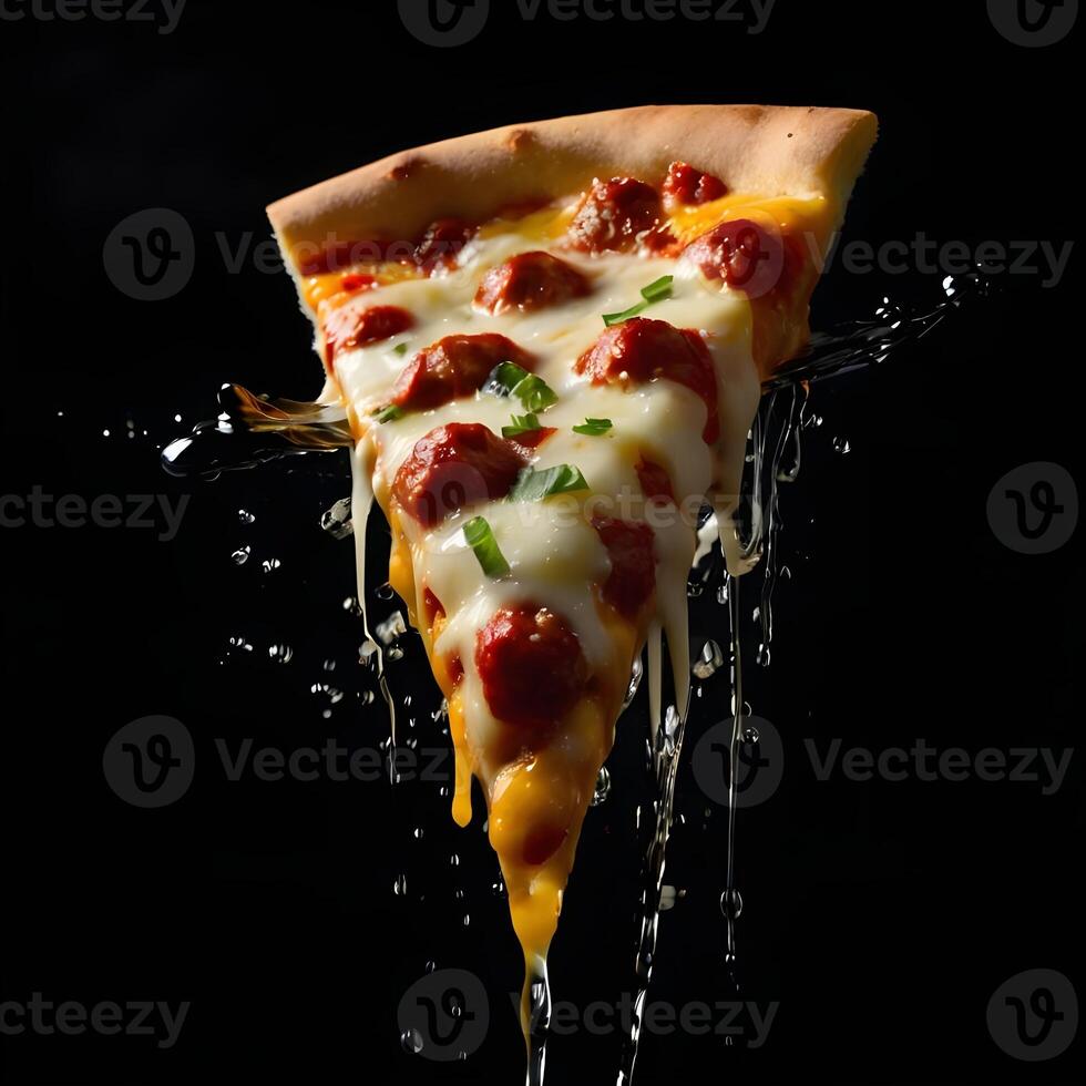Pizza slices flying, isolated on dark background. Delicious peperoni pizza slices pepperonis and olives, floating pizza pieces with melting cheese with basil leaves flying. Italian style pizza slices photo