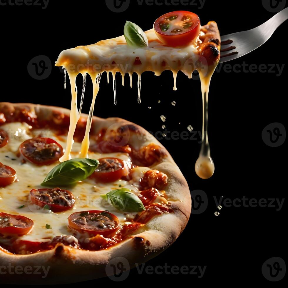 Pizza slices flying, isolated on dark background. Delicious peperoni pizza slices pepperonis and olives, floating pizza pieces with melting cheese with basil leaves flying. Italian style pizza slices photo