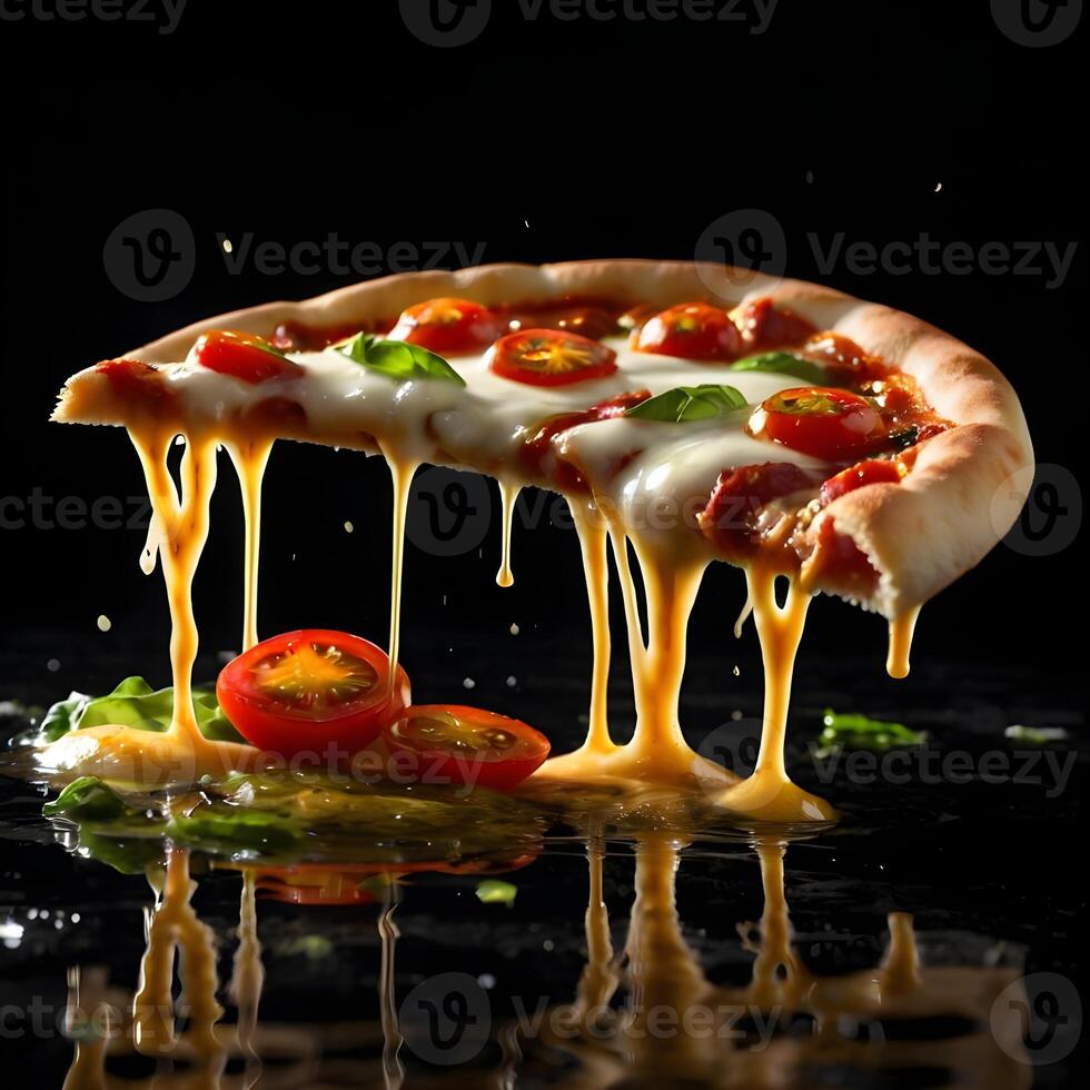 Pizza slices flying, isolated on dark background. Delicious peperoni pizza slices pepperonis and olives, floating pizza pieces with melting cheese with basil leaves flying. Italian style pizza slices photo