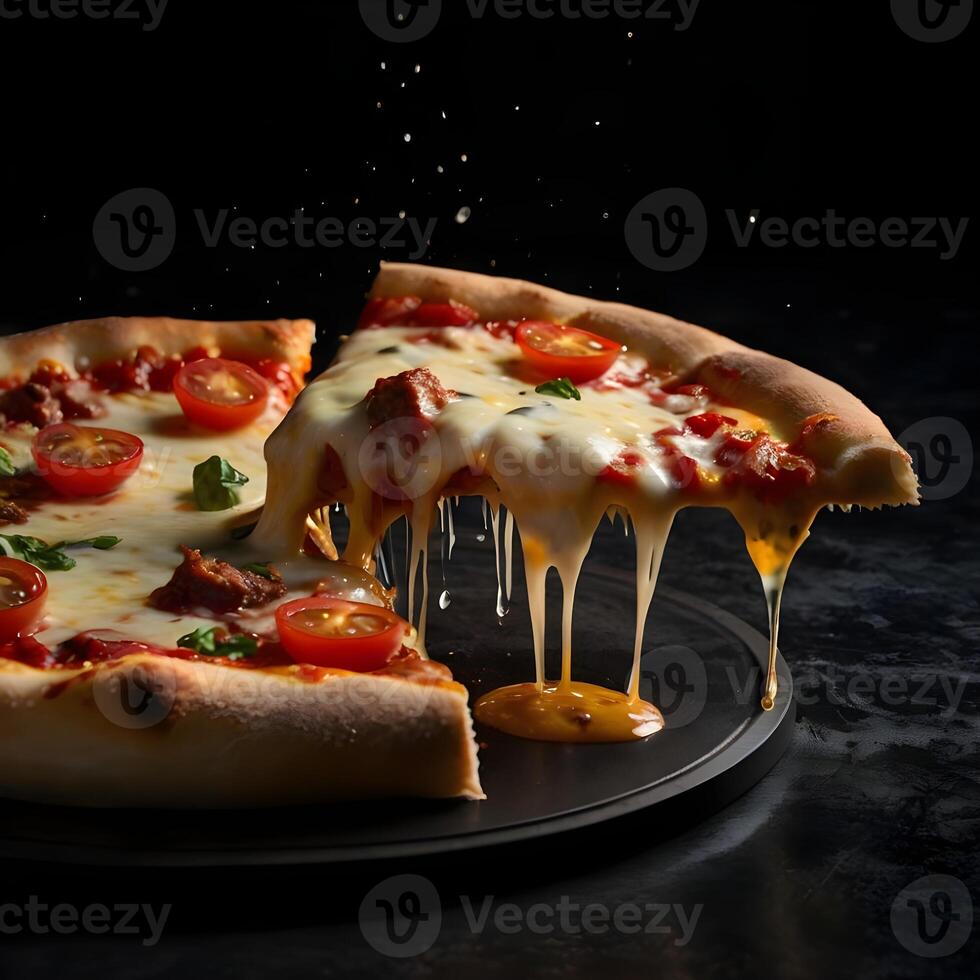 Pizza slices flying, isolated on dark background. Delicious peperoni pizza slices pepperonis and olives, floating pizza pieces with melting cheese with basil leaves flying. Italian style pizza slices photo
