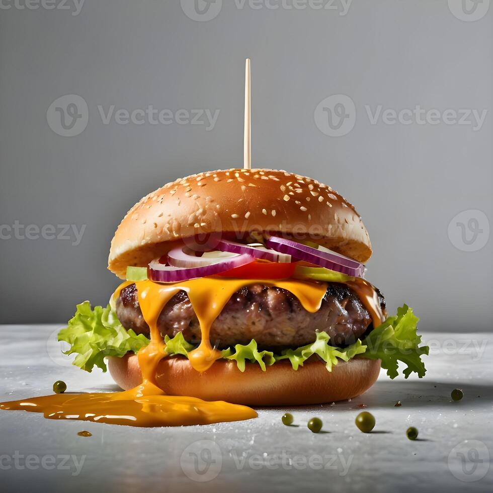 Delicious burger with many ingredients isolated on white background Tasty cheeseburger splash sauce photo