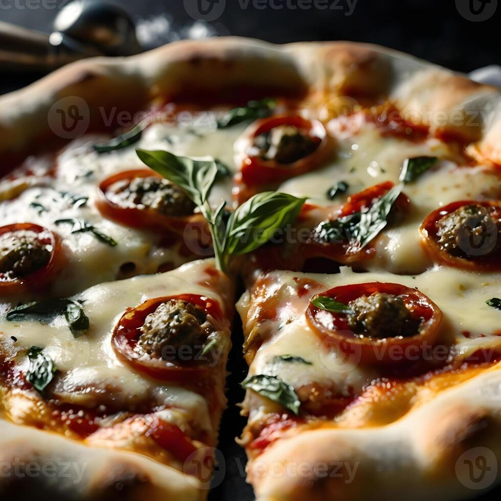 Pizza slices flying, isolated on dark background. Delicious peperoni pizza slices pepperonis and olives, floating pizza pieces with melting cheese with basil leaves flying. Italian style pizza slices photo