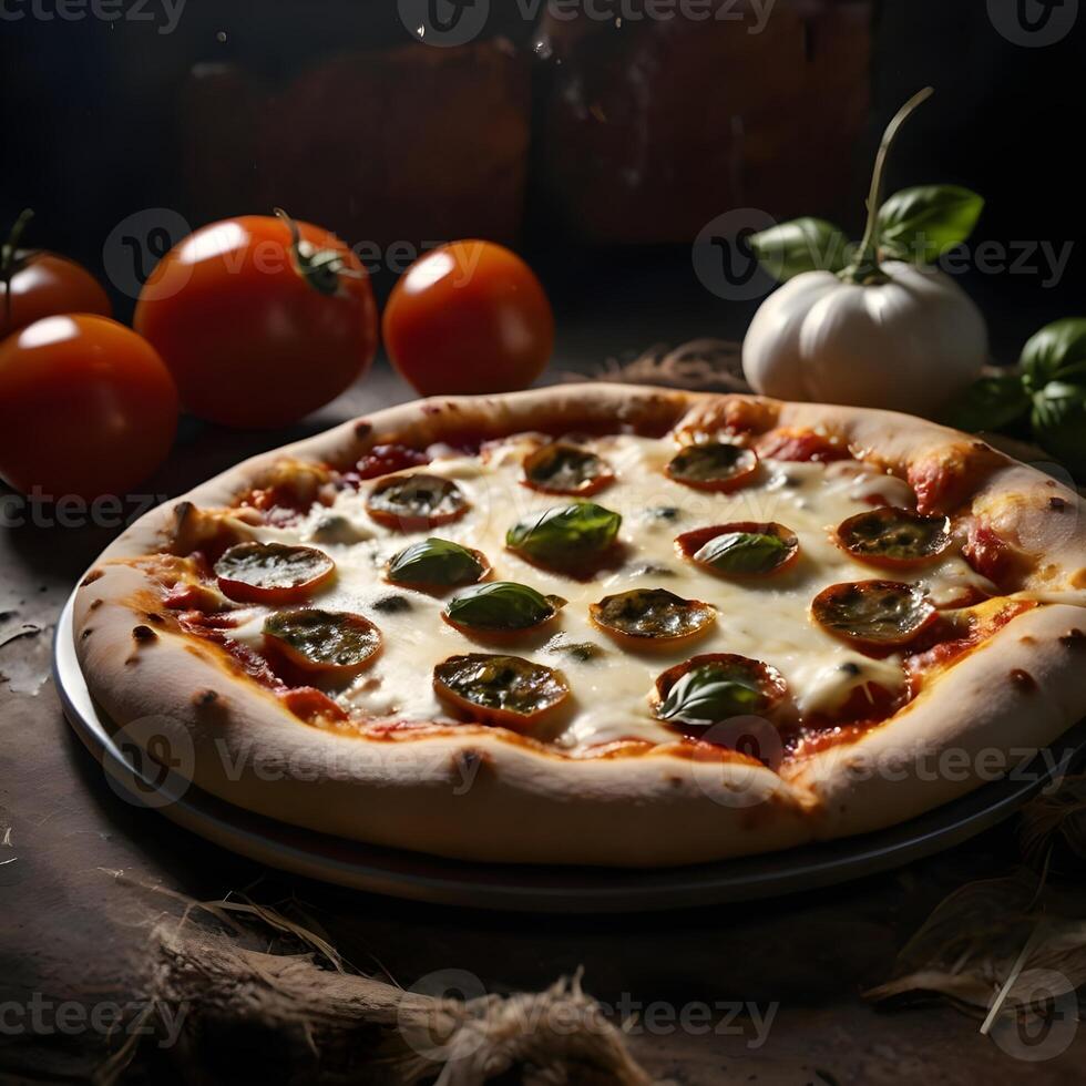 Pizza slices flying, isolated on dark background. Delicious peperoni pizza slices pepperonis and olives, floating pizza pieces with melting cheese with basil leaves flying. Italian style pizza slices photo