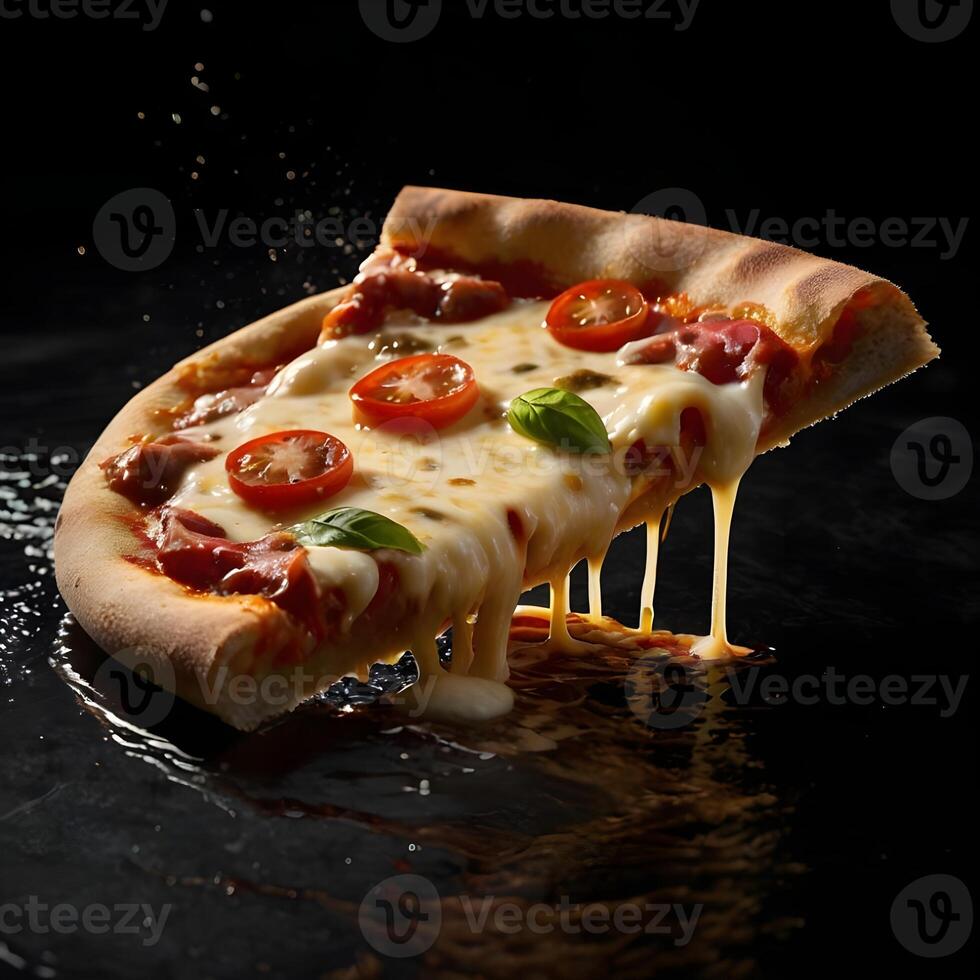 Pizza slices flying, isolated on dark background. Delicious peperoni pizza slices pepperonis and olives, floating pizza pieces with melting cheese with basil leaves flying. Italian style pizza slices photo