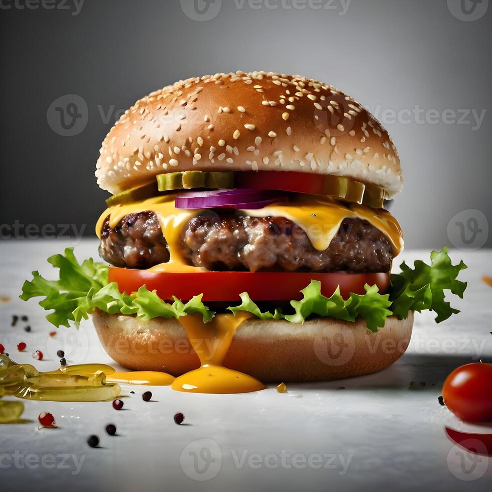 Delicious burger with many ingredients isolated on white background Tasty cheeseburger splash sauce photo