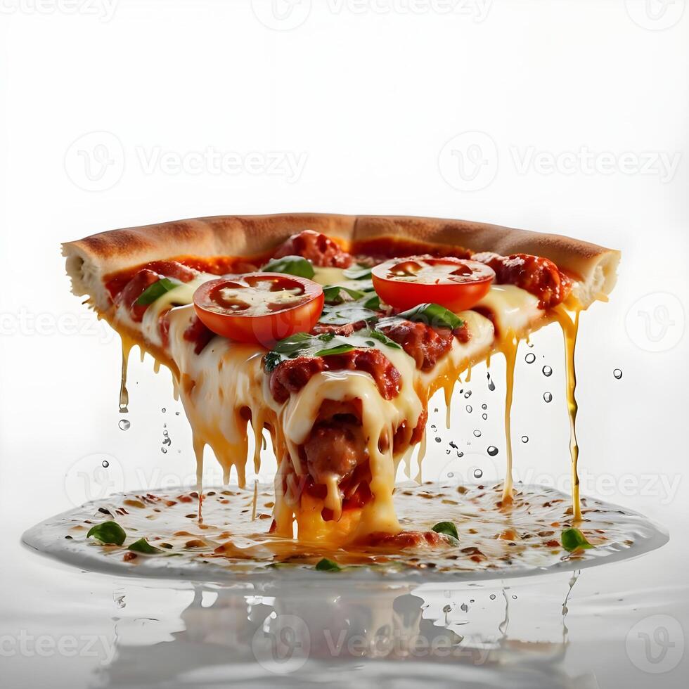 Pizza slices flying, isolated on white background. Delicious peperoni pizza slices pepperonis and olives, floating pizza pieces with melting cheese with basil leaves flying. Italian style pizza slices photo