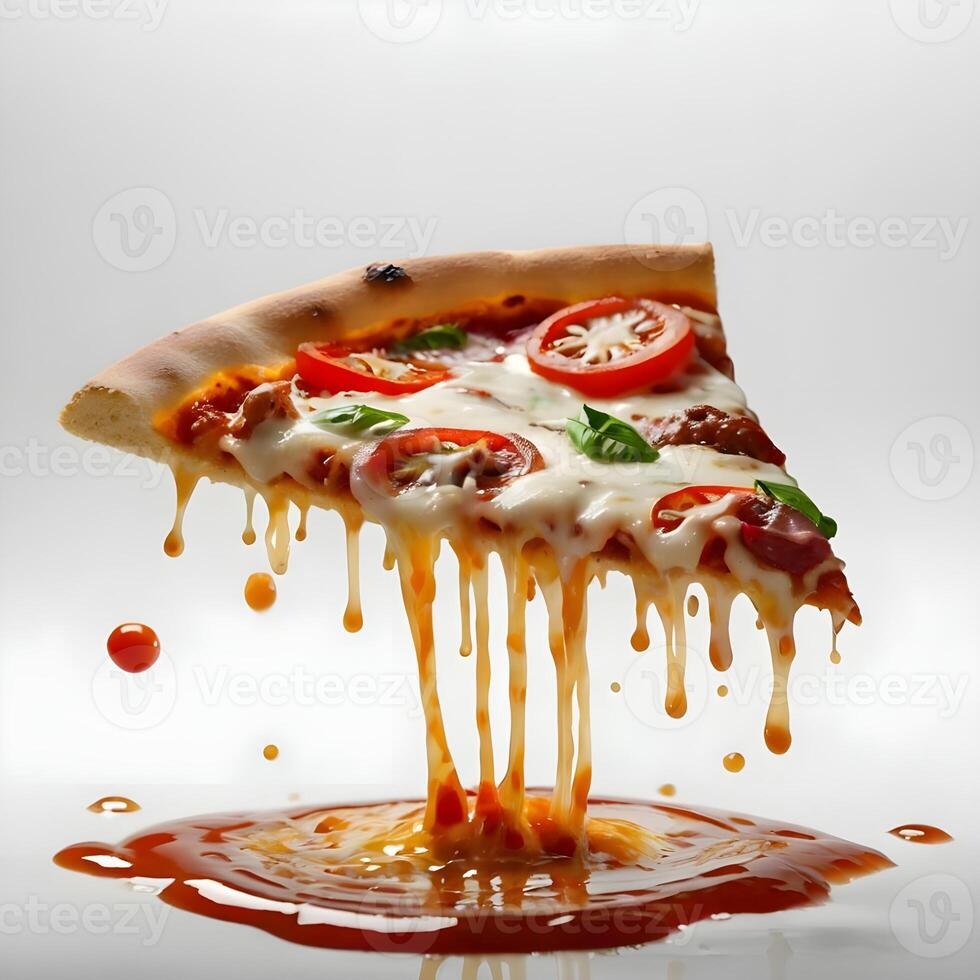 Pizza slices flying, isolated on white background. Delicious peperoni pizza slices pepperonis and olives, floating pizza pieces with melting cheese with basil leaves flying. Italian style pizza slices photo