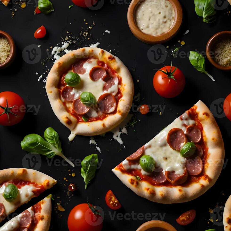 Pizza slices flying, isolated on dark background. Delicious peperoni pizza slices pepperonis and olives, floating pizza pieces with melting cheese with basil leaves flying. Italian style pizza slices photo