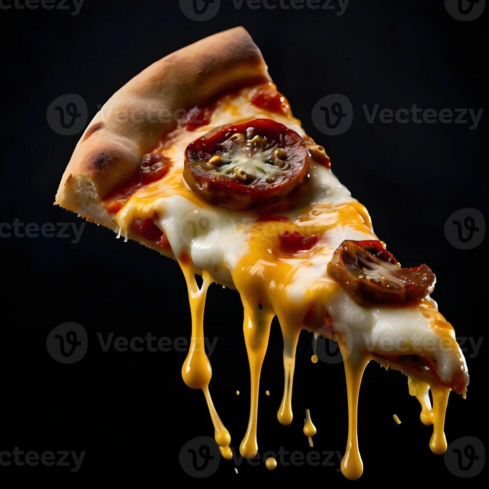Pizza slices flying, isolated on dark background. Delicious peperoni pizza slices pepperonis and olives, floating pizza pieces with melting cheese with basil leaves flying. Italian style pizza slices photo