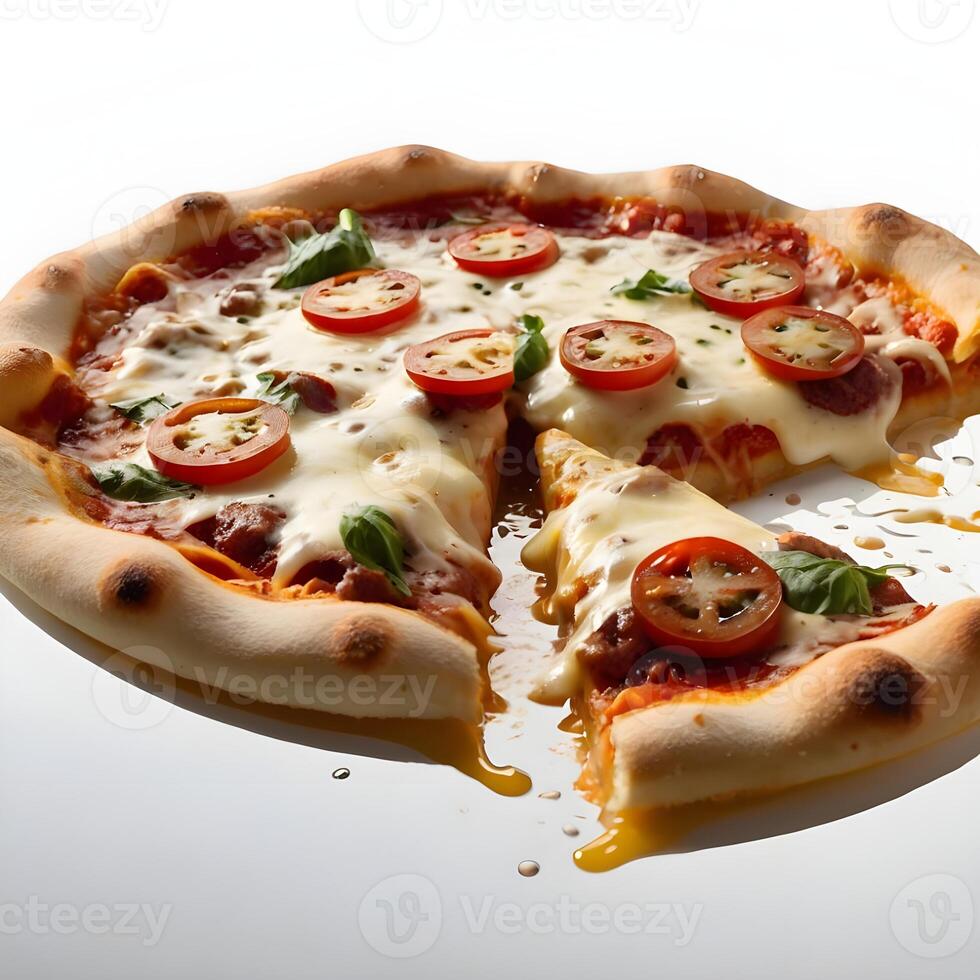 Pizza slices flying, isolated on white background. Delicious peperoni pizza slices pepperonis and olives, floating pizza pieces with melting cheese with basil leaves flying. Italian style pizza slices photo