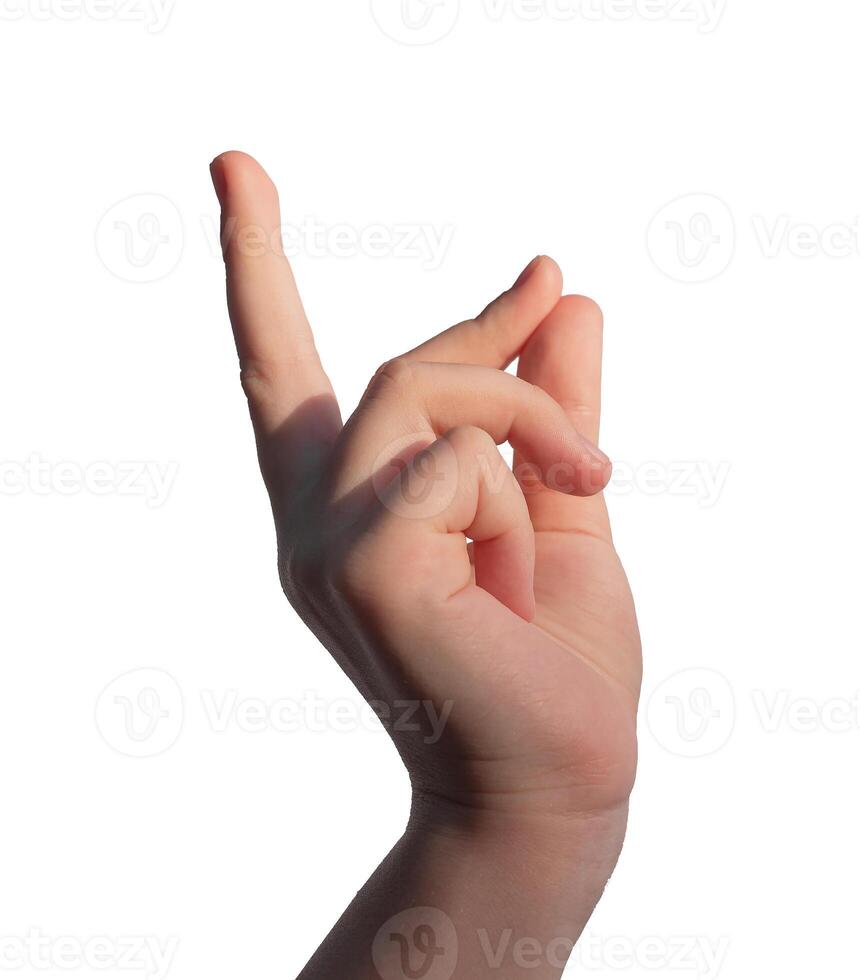 Pinched hand gesture, childs sign, holding something invisible, tiny and thin isolated on white photo