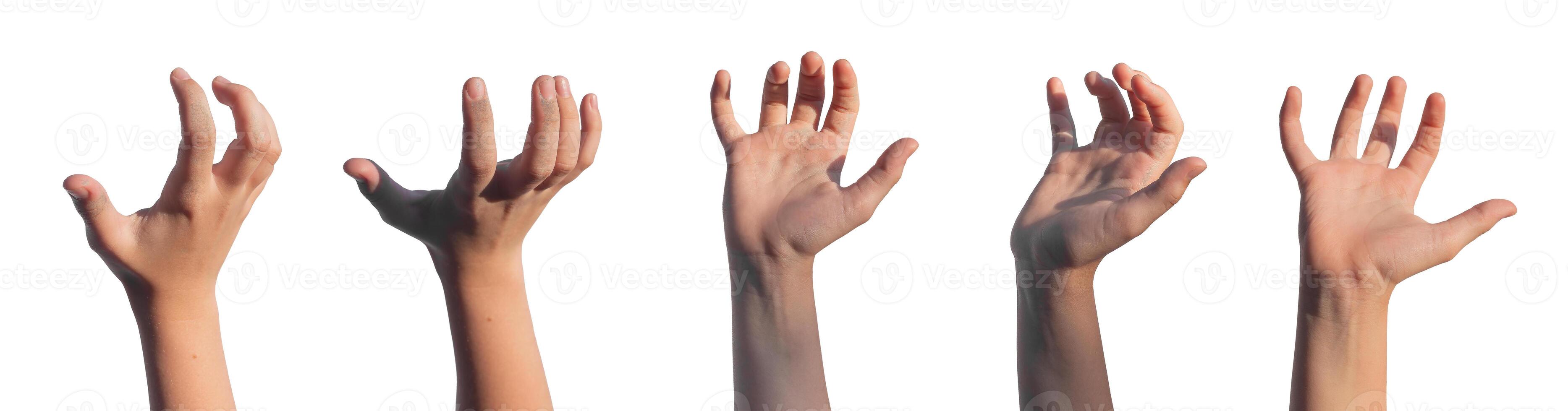 Grabbing, holding, catching and taking gesture set. Kids hands with something, holding product photo