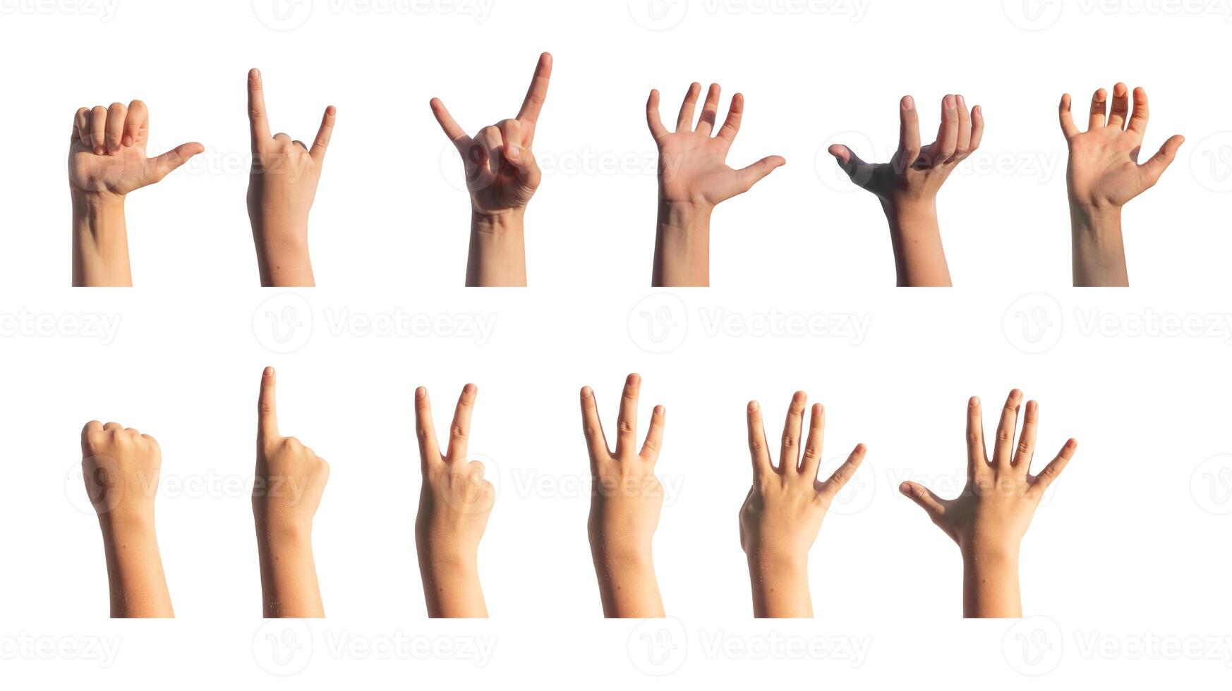 Kids hands gestures set. Counting fingers. rock horns, thumb, grab, catch, hold isolated on white photo