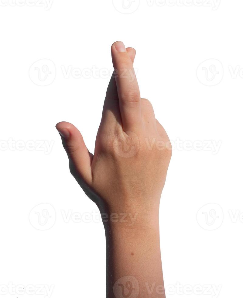 Finger crossed gesture for luck. Isolated hand, superstition sign, lucky symbol of hope, white photo