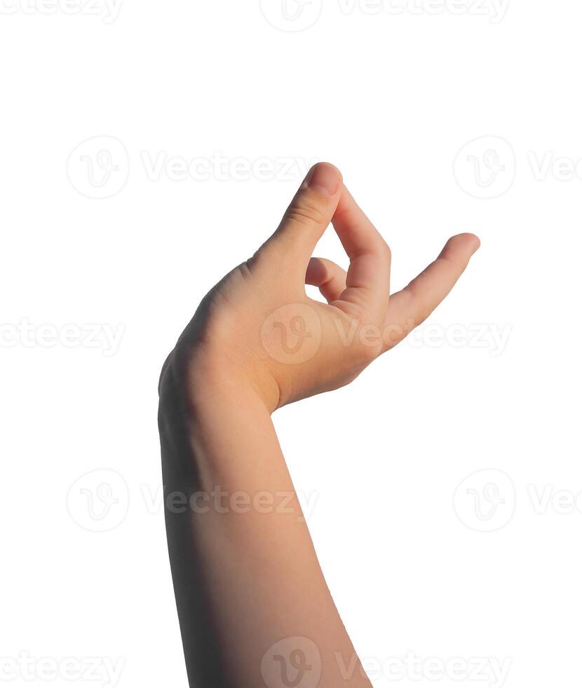 Pinched hand gesture, kids arm sign, thumb and index finger holding something invisible, tiny and photo