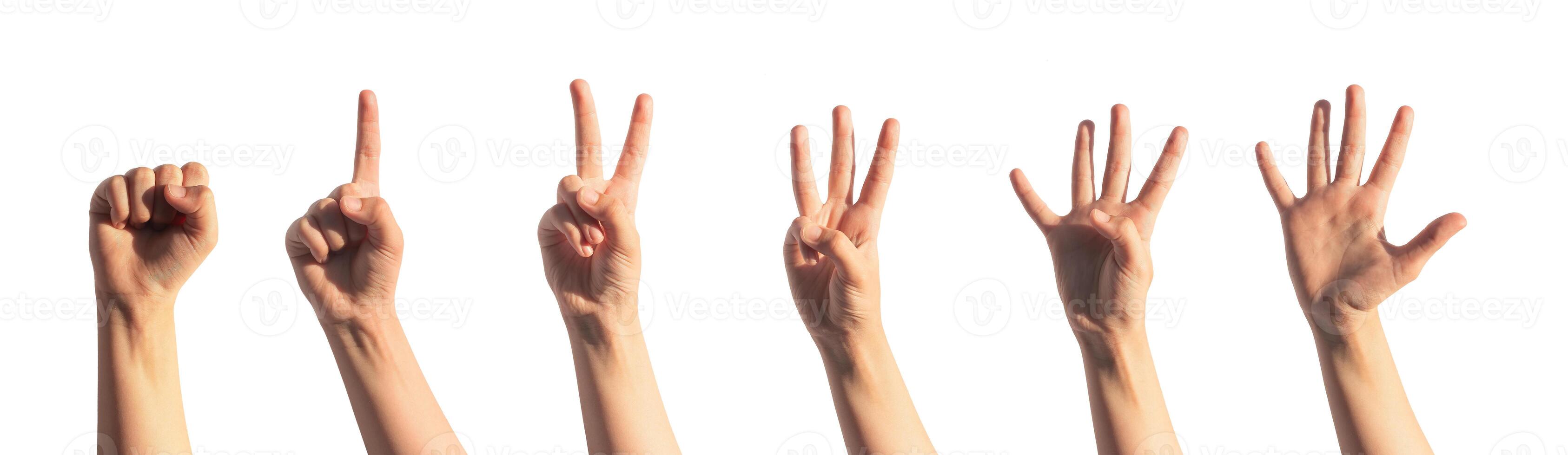 Kids hand counting fingers. zero, one, two, three, four, five, numbers isolated. Gestures for photo