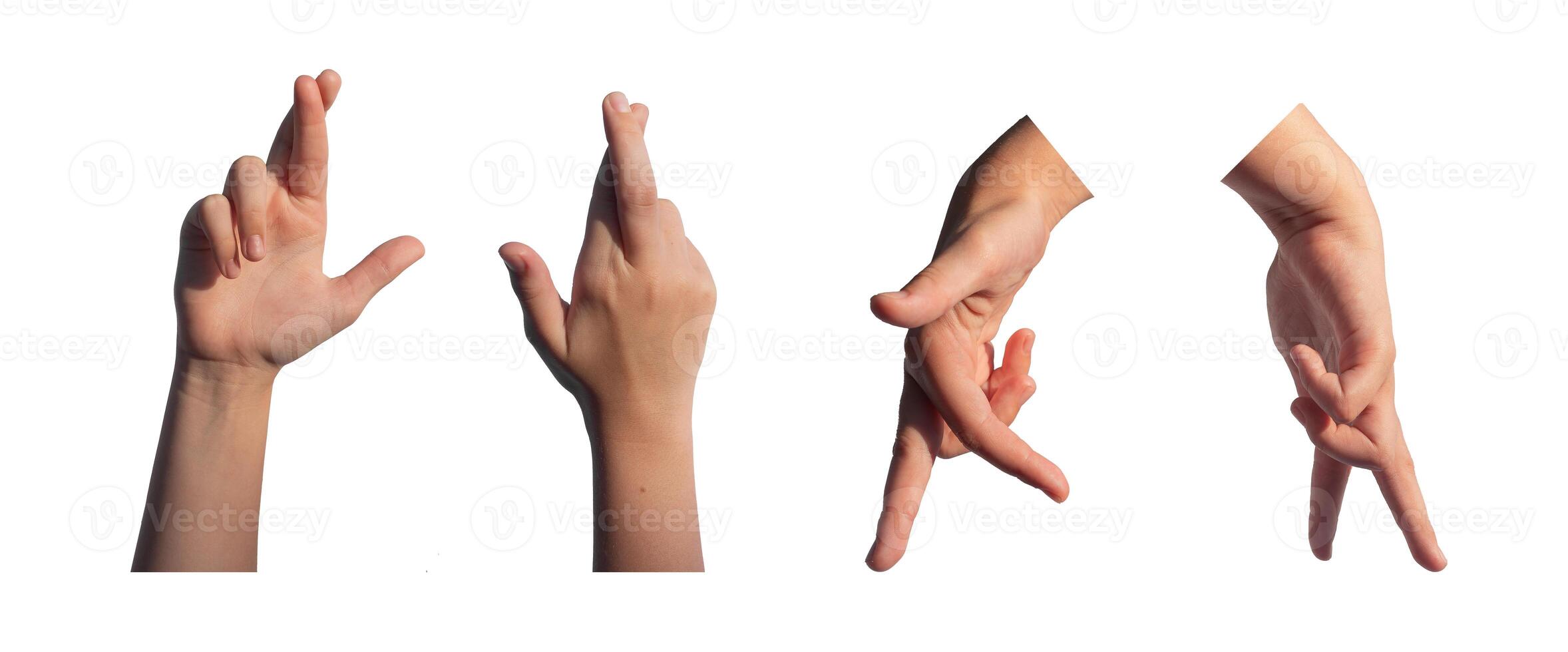 Kids hands, crossed fingers, walking sign, gesture, isolated on white background photo