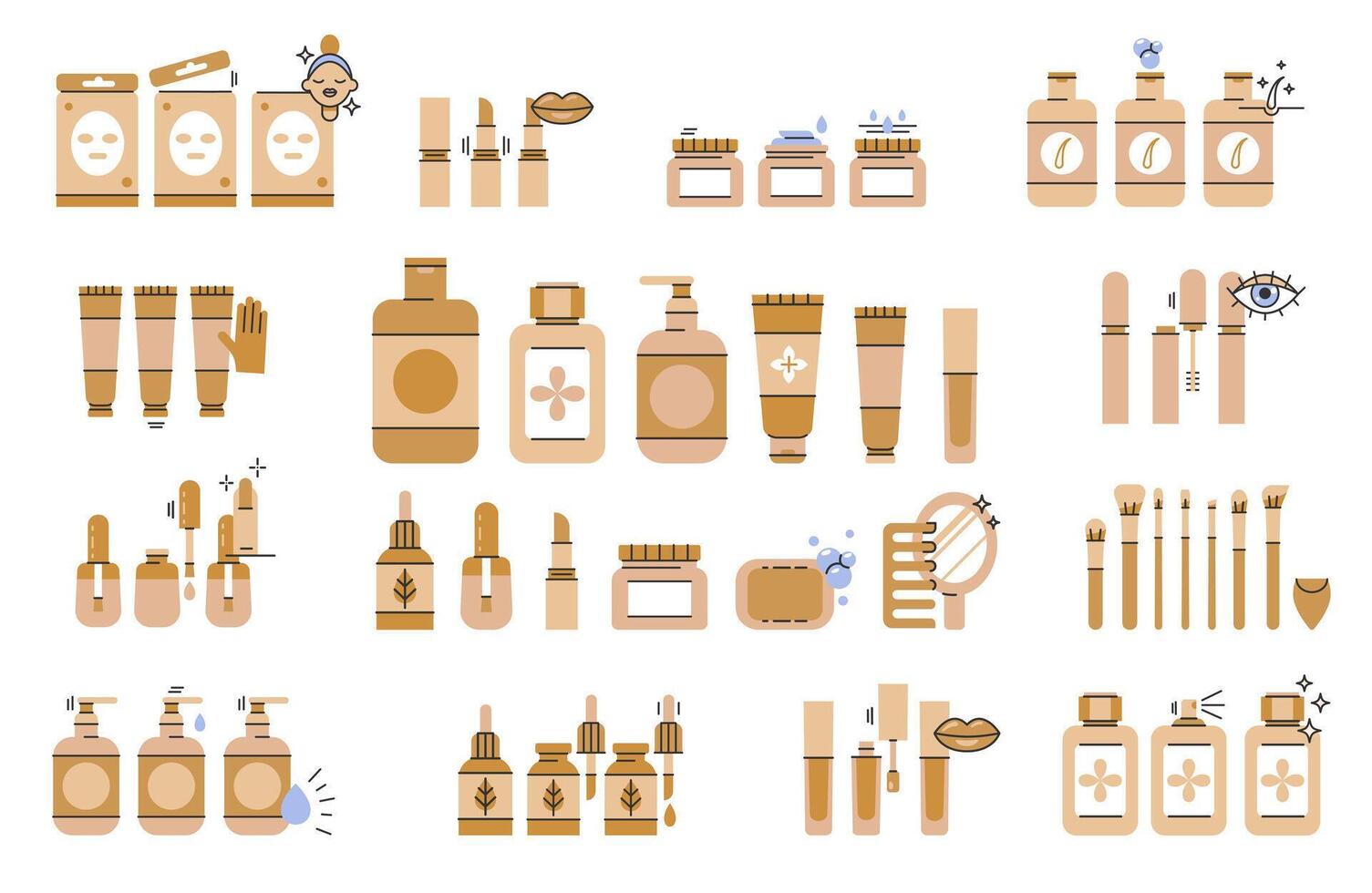 Skin care line icons set.Makeup illustration sign collection.Various different cosmetic products and simple instructions. Packaging in different shapes for skincare products. Editable Stroke. vector