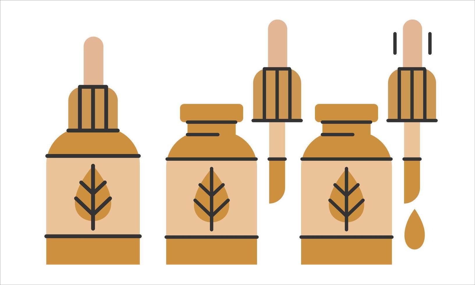 Dropper bottle with serum or oil, linear icons set. Closed, Opened vial with drop, herbal liquid package.Makeup and cosmetology concept.Editable illustration eps10. vector
