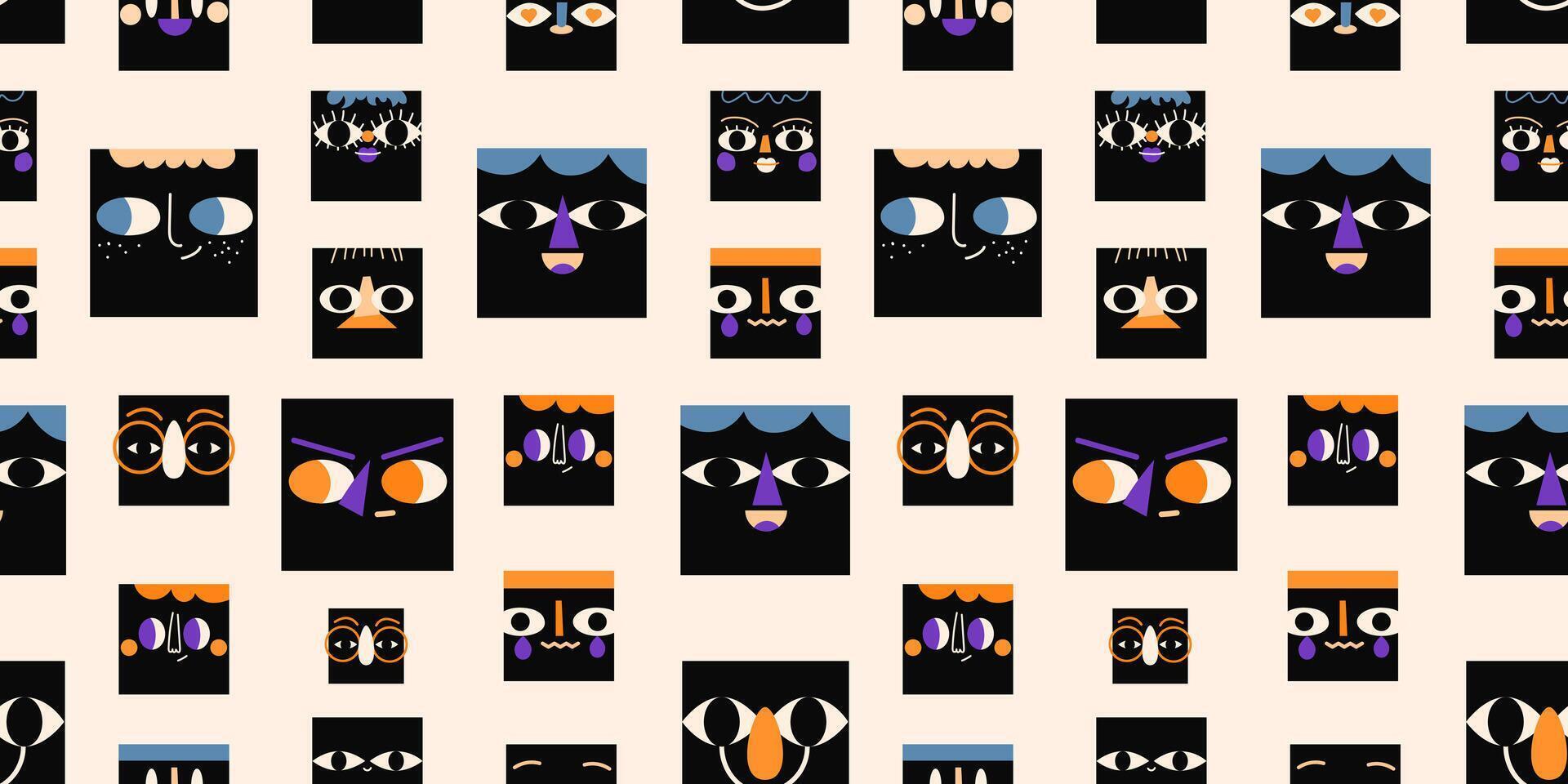 Square portraits pattern with diverse people.Cute funny characters. Cartoon, minimal, abstract contemporary style. Avatar, icons backdrop. Hand drawn. isolated illustrations EPS10 vector
