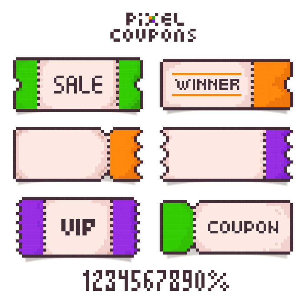 Set Discount pixel Coupons or Tickets in retro 8-bit game style.Cinema, theater, concert, game, party. Colorful Bonus or discount voucher empty template. illustration EPS10 vector
