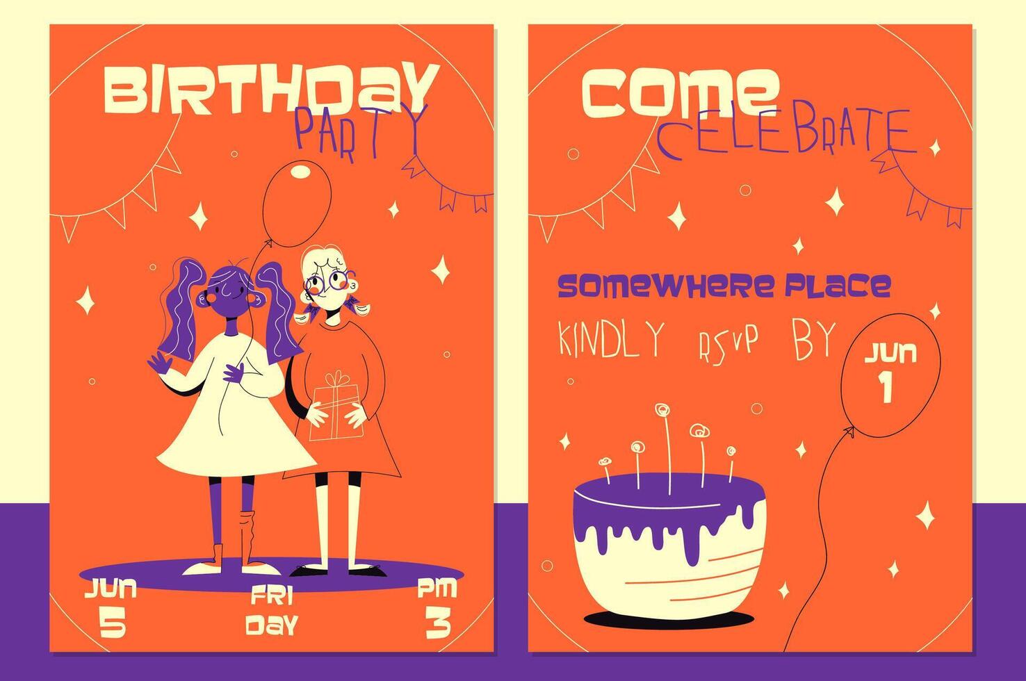 Bright invitation to kids birthday party retro style.Happy girls invitation banners.Children event celebration flyer.Birthday party,celebration,congratulations,invitation concept. poster EPS 10 vector