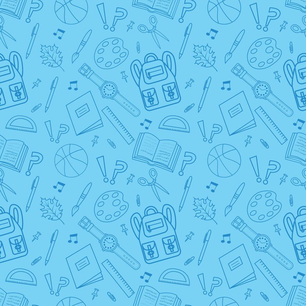 School seamless background. The concept of education and science. The Back to School pen draws a seamless pattern. Seamless pattern of school supplies on a school theme, hand-drawn blue background. vector
