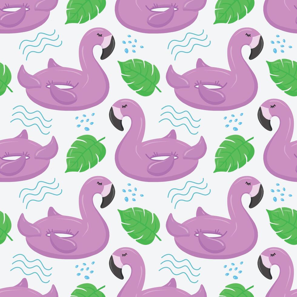 Seamless pattern with pink flamingos and palm leaves. A float for the pool. Inflatable pink flamingos. A swimming circle. pattern for your summer beach design vector