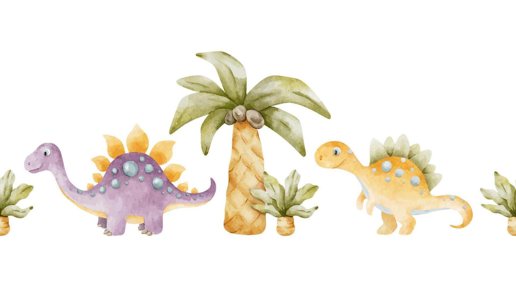 Cute baby dinosaurs, Palm trees and stones . Isolated hand drawn watercolor seamless border of dino. Banner of dinosaurs for children's invitation cards, baby shower, decoration of kid's rooms vector